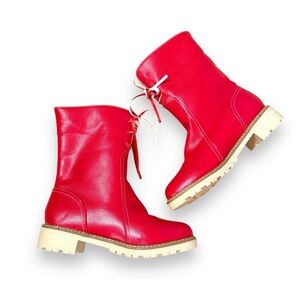 Tinstree Red & Cream‎ Warm Cotton Lined Lace Up Snow Ankle Boots Sz 10